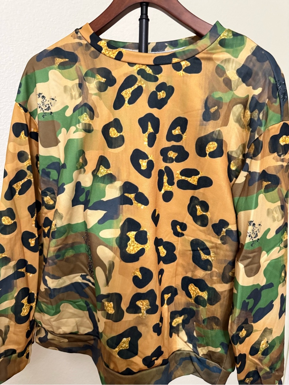 SHEIN Camo Leopard Print Long Sleeve Shirt - Green/Tan/Black